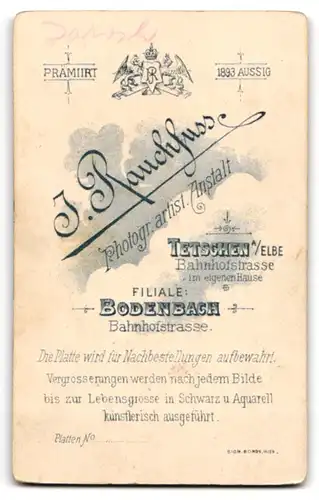 Fotografie J. Rauchfuss, Tetschen a. Elbe, Bahnhofstrasse, Eleganter Herr mit Zwirbelbart