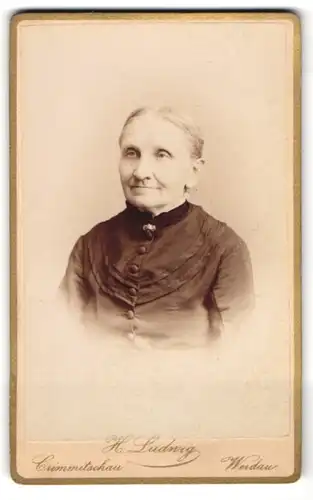 Fotografie H. Ludwig, Crimmitschau, Lindenstrasse, Ältere Dame mit zurückgebundenem Haar