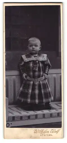 Fotografie Wilhelm Wolf, Wurzen, Kasernenstr. 7, Kleines Mädchen im karierten Kleid in stolzer Pose