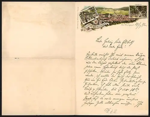 Briefkopf Bad Kissingen 1892, Ortsansicht mit Kirche, Racoczy Brunnen, Kurgarten