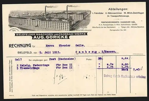 Rechnung Bielefeld 1915, Aug. Göricke, Bielefelder Maschinen- und Fahrrad-Werke, Fabrikansicht mit rauchenden Schloten