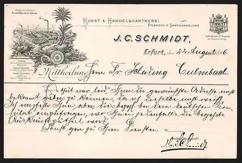 Rechnung Erfurt 1896, J. C. Schmidt, Kunst- & Handelsgärtnerei, Werksansicht hinter Palmen