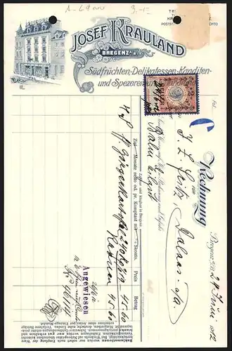 Rechnung Bregenz a. B. 1912, Josef Krauland, Südfrüchten-, Delikatessen-, Kanditen- & Spezereien-Handlung, Geschäftshaus