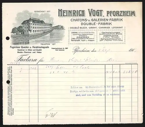 Rechnung Pforzheim 1917, Heinrich Vogt, Chatons- & Galerien-Fabrik, Doublé-Fabrik, Geschäftshaus am Fluss