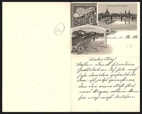 Briefkopf Dresden 1896, Panorama mit Carola-Brücke, Helbigs Etablissement