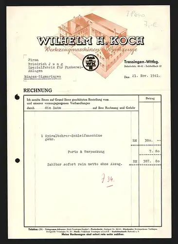 Rechnung Trossingen-Wttbg. 1941, Wilhelm H. Koch, Werkzeugmaschinen und Werkzeuge, Fabrikkomplex aus der Vogelschau