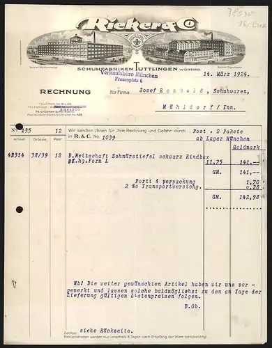 Rechnung Tuttlingen 1924, Rieker & Co., Schuhfabriken, Ansichten der Betriebe Weimarstrasse und Olgastrasse