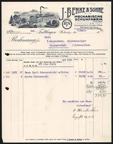 Rechnung Tuttlingen 1916, J. Henke & Söhne, Mechanische Schuhfabrik, Ansicht des Fabrikgeländes