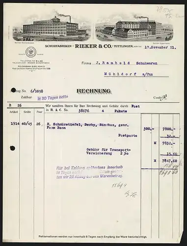 Rechnung Tuttlingen 1921, Rieker & Co., Schuhfabriken, Ansichten der Betriebe Weimarstrasse und Olgastrasse
