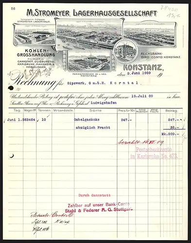 Rechnung Konstanz 1909, M. Stromeyer, Lagerhausgesellschaft und Kohlengrosshandlung, Lagerhallen an vier Orten
