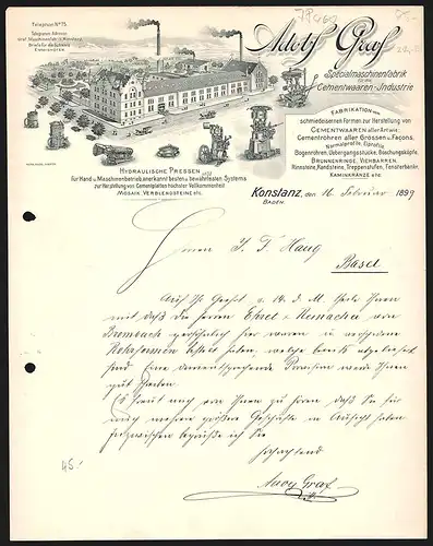 Rechnung Konstanz 1899, Adolf Graf, Specialmaschinenfabrik für Cementwaaren-Industrie, Produktansichten und Fabrikanlage