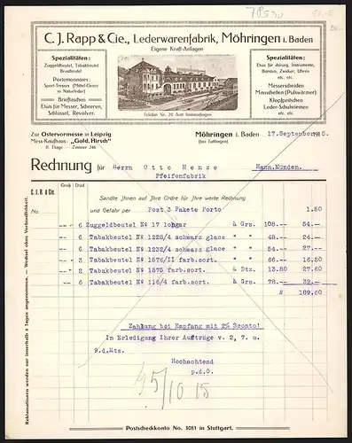 Rechnung Möhringen i. Baden 1915, C. J. Rapp & Cie., Lederwarenfabrik, Werksgelände mit Hofeinfahrt