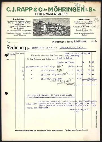 Rechnung Möhringen i. Baden 1929, C. J. Rapp & Cie., Lederwarenfabrik, Werksgelände mit Hofeinfahrt