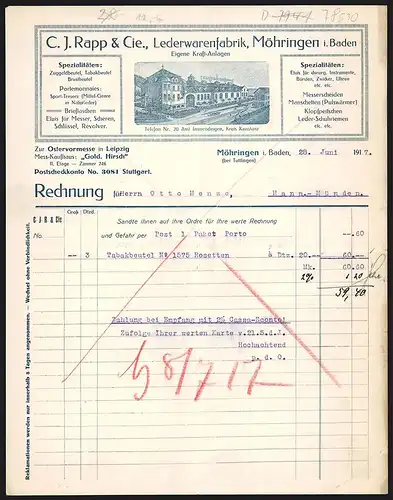Rechnung Möhringen i. Baden 1917, C. J. Rapp & Cie., Lederwarenfabrik, Werksgelände mit Hofeinfahrt