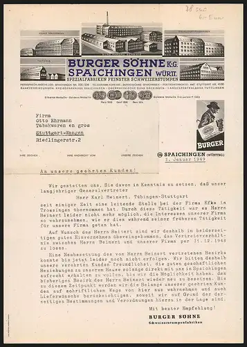 Rechnung Spaichingen (Württbg.) 1949, Burger Söhne KG, Spezialfabriken Feinster Schweizerstumpen, Werkansichten & Preise