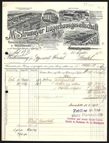 Rechnung Kreuzlingen 1908, M. Stromeyer, Lagerhausgesellschaft und Kohlenhandel, Lagerhallen und Geschäftshaus