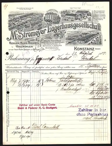 Rechnung Konstanz i. Baden 1908, M. Stromeyer, Lagerhausgesellschaft und Kohlenhandel, Lagerhallen und Geschäftshaus