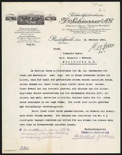Rechnung Radolfzell 1920, J. Schiesser AG, Trikotfabriken, Hauptwerk, Zweigstellen in Stockach und Engen