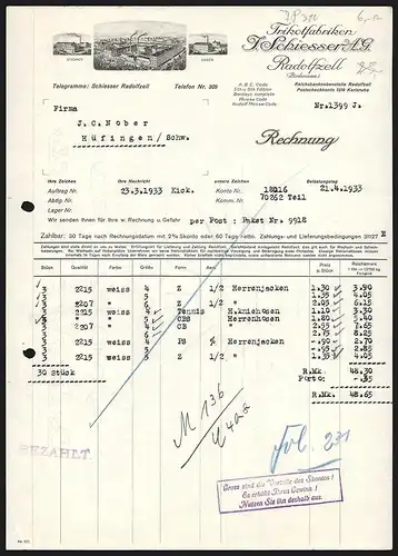 Rechnung Radolfzell 1933, J. Schiesser AG, Trikotfabriken, Hauptwerk, Zweigstellen in Stockach und Engen