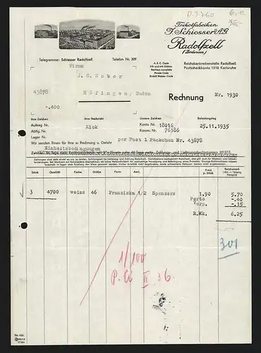 Rechnung Radolfzell 1930, J. Schiesser AG, Trikotfabriken, Hauptwerk, Zweigstellen in Stockach und Engen