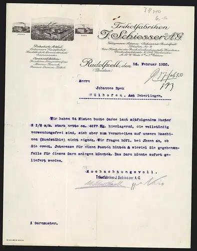 Rechnung Radolfzell 1920, J. Schiesser AG, Trikotfabriken, Das Hauptwerk und Zweigstellen in Stockach und Engen