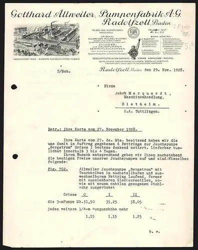 Rechnung Radolfzell 1928, Gotthard Allweiler, Pumpenfabrik AG, Gesamtansicht des Fabrikgeländes, Schutzmarke