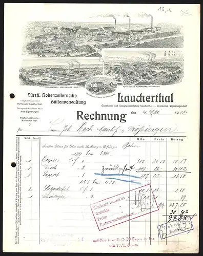 Rechnung Laucherthal 1912, Fürstl. Hohenzollernsche Hüttenverwaltung, Ansichten dreier Werke und einer Beamtenwohnung