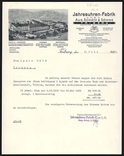 Rechnung Triberg 1932, Aug. Schatz & Söhne, Jahresuhren-Fabrik, Das Fabrikgelände im Tal