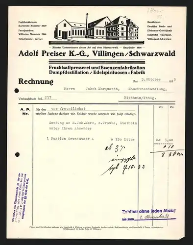 Rechnung Villingen /Schwarzwald 1933, Adolf Preiser KG, Fruchtsaftpresserei und Essenzenfabrikation, Modell der Fabrik