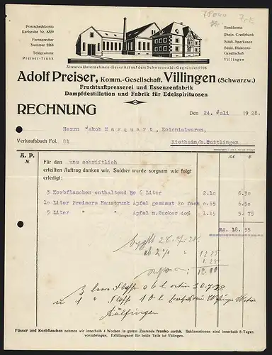 Rechnung Villingen /Schwarzwald 1928, Adolf Preiser KG, Fruchtsaftpresserei und Essenzenfabrikation, Modell der Fabrik