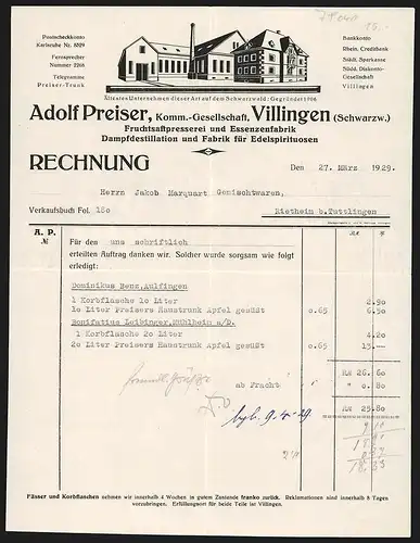 Rechnung Villingen /Schwarzwald 1939, Adolf Preiser KG, Fruchtsaftpresserei und Essenzenfabrikation, Modell der Fabrik