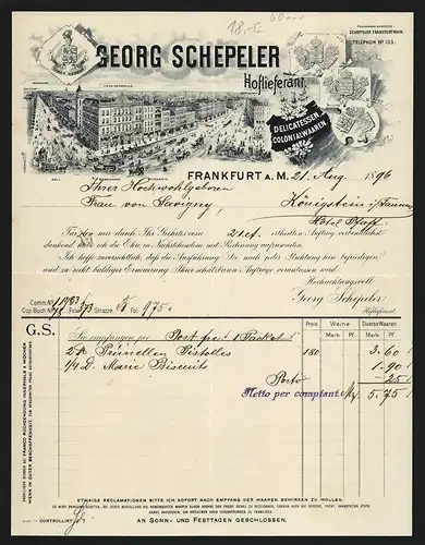 Rechnung Frankfurt a. M. 1896, Georg Schepeler, Hoflieferant von Delicatessen & Colonialwaaren, Laden am Rossmarkt