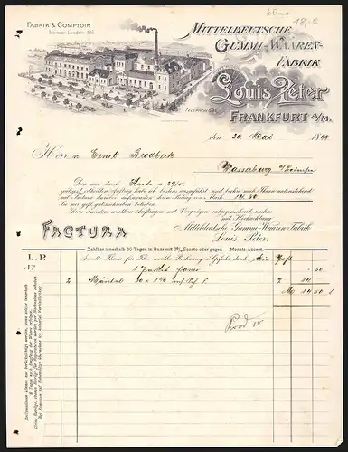 Rechnung Frankfurt a. M. 1899, Louis Peter, Mitteldeutsche Gummi-Waaren-Fabrik, Fabrik & Comptoir Mainzer Landstr. 186