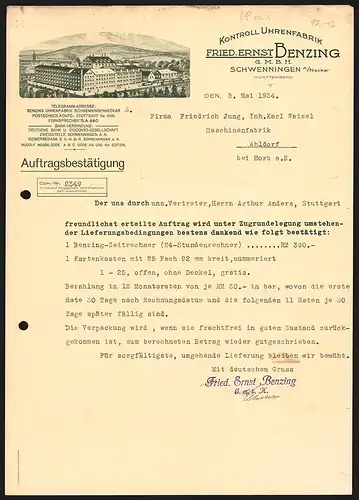 Rechnung Schwenningen a. Neckar 1934, Fried. Ernst Benzing GmbH, Kontroll Uhrenfabrik, Blick auf das Betriebsgelände