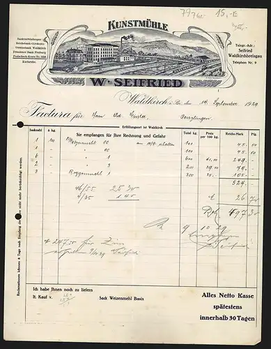 Rechnung Waldkirch 1929, W. Seifried, Kunstmühle, Werk am Fluss mit Brücke und Verladebahnhof