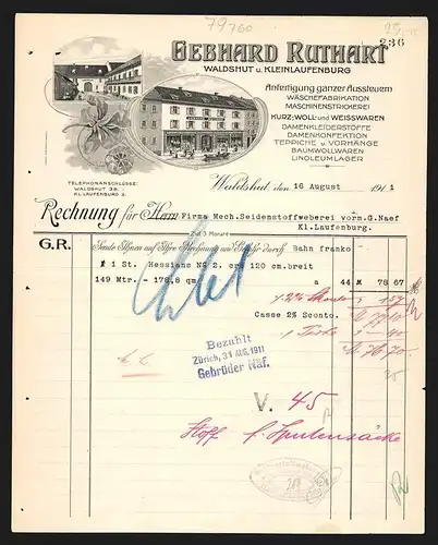 Rechnung Waldshut 1911, Gebhard Ruthart, Wäschefabrikation & Maschinenstrickerei, Lagerraum und Geschäft