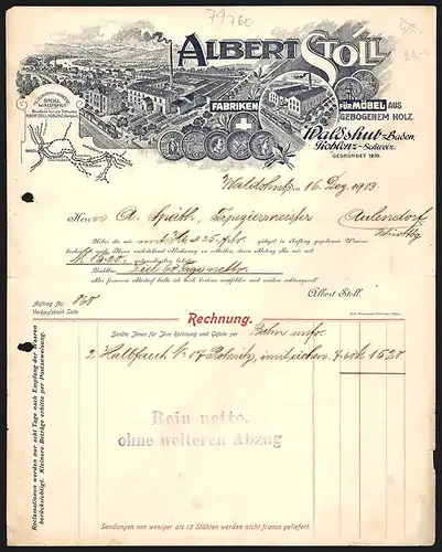 Rechnung Waldshut 1903, Albert Stoll, Fabriken für Möbel aus gebogenem Holz, Betriebsgelände mit Transportzug, Preise