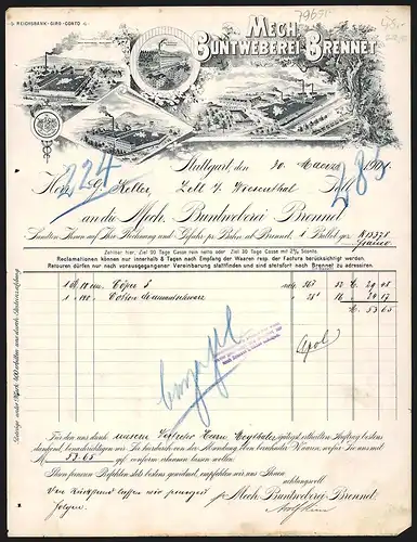 Rechnung Stuttgart 1901, Mech. Buntweberei Brennet, Werke in Wehr, Brennet, Schönenbuchen und Hausen-Raitbach