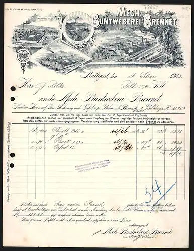 Rechnung Stuttgart 1903, Mech. Buntweberei Brennet, Werke in Wehr, Brennet, Schönenbuchen und Hausen-Raitbach