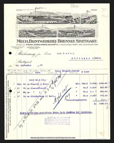 Rechnung Stuttgart 1919, Mech. Buntweberei Brennet, Werke in Wehr, Brennet, Schönenbuchen und Hausen-Raitbach