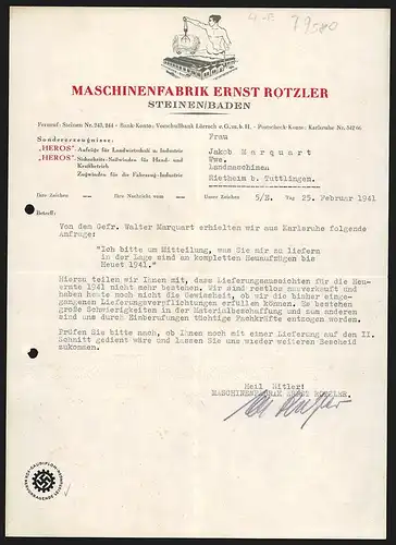 Rechnung Steinen /Baden 1941, Ernst Rotzler, Maschinenfabrik, Modell des Werks und göttliche Figur mit Apparatur