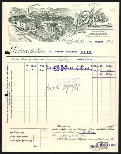 Rechnung Brombach 1913, J. F. Reiss, Walzenmühle, Gesamtansicht des Betriebes mit Grünanlage