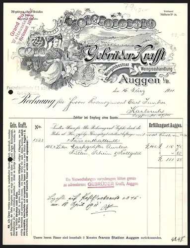 Rechnung Auggen i. B. 1911, Gebrüder Krafft, Weingutbesitzer, Weingrosshandlung, Ortsansicht mit Weinbergen, Preise