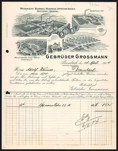 Rechnung Brombach 1904, Gebrüder Grossmann, Mechanische Baumwoll-Webereien, Ansichten verschiedener Werke, Preise