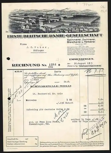 Rechnung Emmendingen 1933, Erste Deutsche Ramie-Gesellschaft, Spinnerei, Zwirnerei etc., Totalansicht des Betriebes