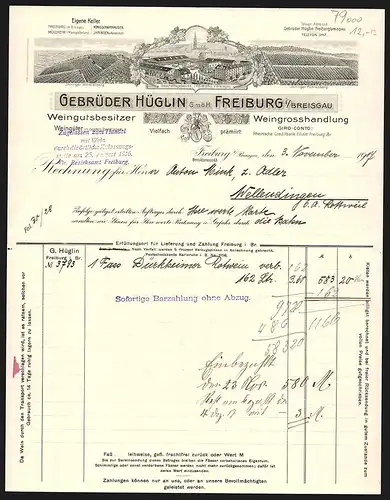 Rechnung Freiburg i. B. 1917, Gebrüder Hüglin GmbH, Weingutsbesitzer, Weingrosshandlung, Geschätsgebäude und Weingebiete