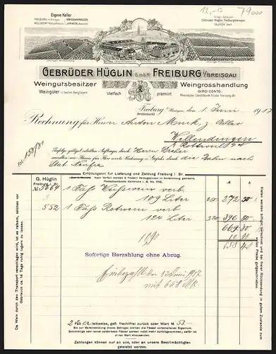 Rechnung Freiburg i. B. 1917, Gebrüder Hüglin GmbH, Weingutsbesitzer, Weingrosshandlung, Geschätsgebäude und Weingebiete