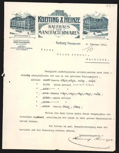 Rechnung Freiburg i. B. 1911, Koetting & Heinze, Kaufhaus für Manufacturwaren, Filialen Schiffstr. 2 und Kaiserstr. 46
