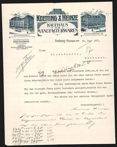 Rechnung Freiburg i. B. 1911, Koetting & Heinze, Kaufhaus für Manufacturwaren, Filialen Schiffstr. 2 & Kaiserstr. 46