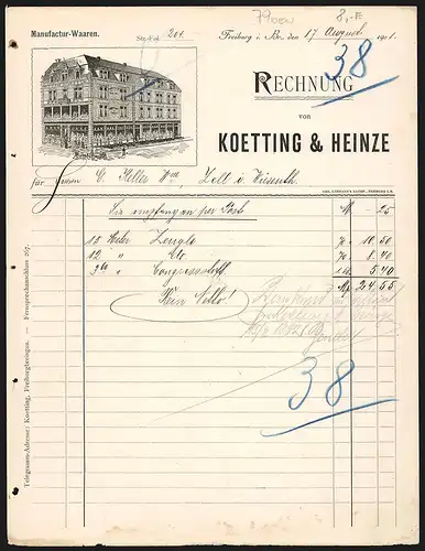 Rechnung Freiburg i. B. 1901, Koetting & Heinze, Manufaktur-Waaren, Blick auf das Ladengebäude